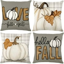 Fall Pumpkin Throw Pillow Covers 18x18 Set of 4, Maple Leaves Love Autumn Thanksgiving Harvest Decorative Pillows Outdoor Farmhouse Seasonal Cushion Case for Home Sofa Couch Decor