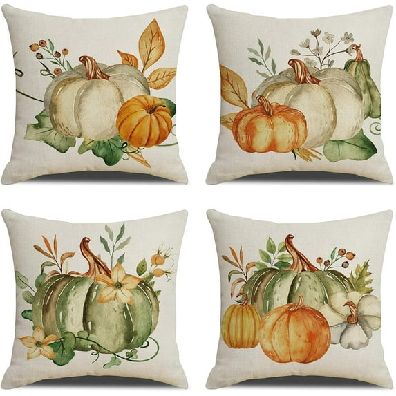 Fall Pumpkin Throw Pillow Covers Autumn Thanksgiving Throw Pillow Covers Full Flax Cute Throw Pillow Case Set of 4 (18 x 18) for Sofa Bed Home Decor