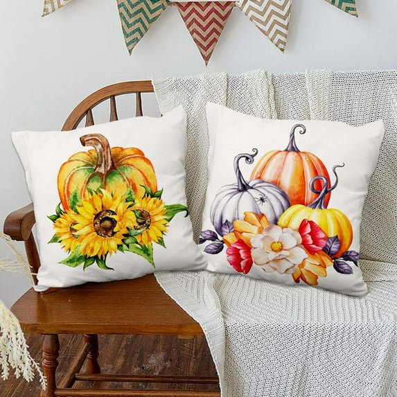 Fall Pumpkin Throw Pillow Covers Set of 2 16x16 inch Sunflower Pillowcase Orange Cushion Couch Cover Outdoor Farmhouse Decorative Thanksgivin Linen Cushion Cases