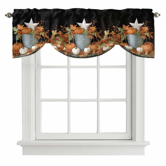 Fall Pumpkin Tie Up Valance Curtains for Windows, Kitchen Curtains Window Treatments, Rustic Star Thanksgiving Maple Leavf Black Short Window Shades Valances for Bedroom Bathroom Cafe 54"x18"