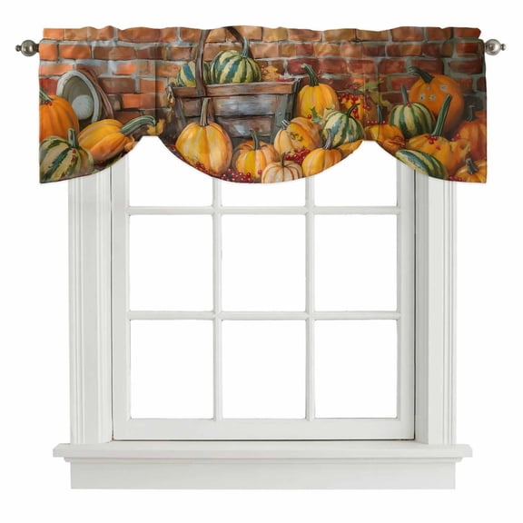 Fall Pumpkin Tie Up Valance Curtains for Windows, Kitchen Curtains Window Treatments, Thanksgiving Vintage Country Walls Autumn Leaves Short Window Shades Valances for Bedroom Bathroom Cafe 42"x12"