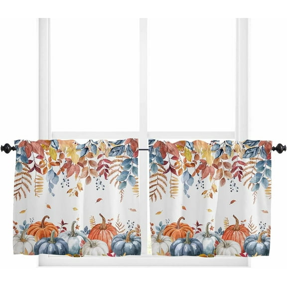 Fall Pumpkin Tier Curtains 24 Inch Length, Thanksgiving Watercolor Blue Orange Leaves Rod Pocket Kitchen Tier Curtains 2 Panels, Farmhouse Small Window Treatment Tiers for Cafe Bathroom, 27.5"x24"