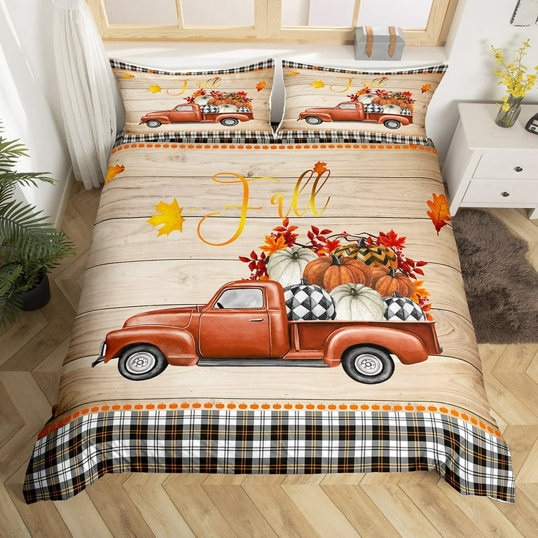 Fall Pumpkin Truck Bedding Set King Rustic Autumn Harvest Theme