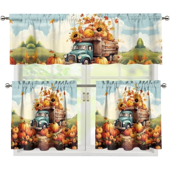 Fall Pumpkin Truck Kitchen Window Curtains Valance and Tier Set, Autumn Maple Leaves 3 Piece Set Rod Pocket Short Curtains, Vintage Farmhouse Window Treatment for Living Room Bedroom
