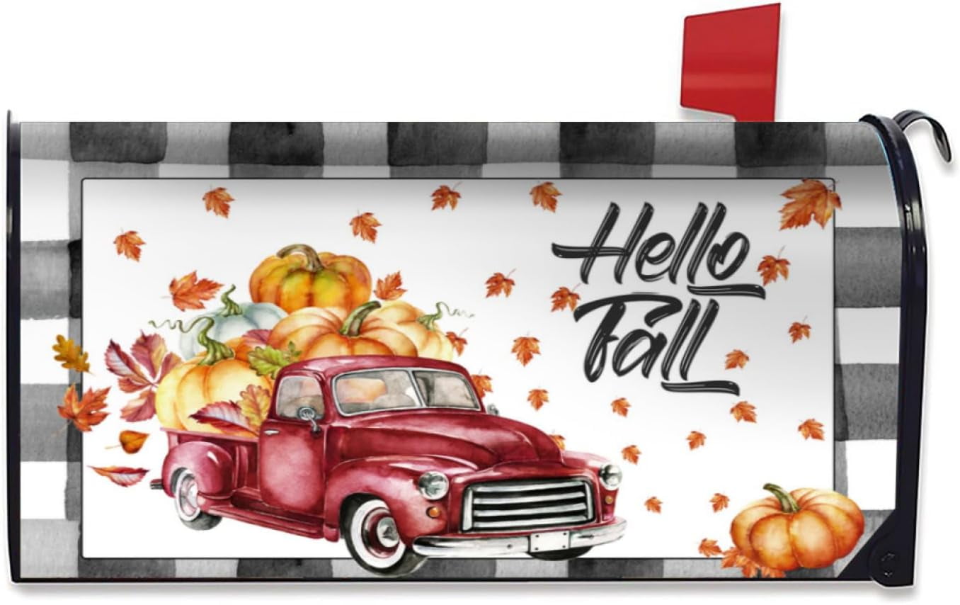 Fall Pumpkin Truck Mailbox Cover Magnetic Standard Size 18" X 21" Hello Fall Mailbox Covers Autumn Thanksgiving Mailbox Wraps Post Letter Box Cover for Outdoor Decor