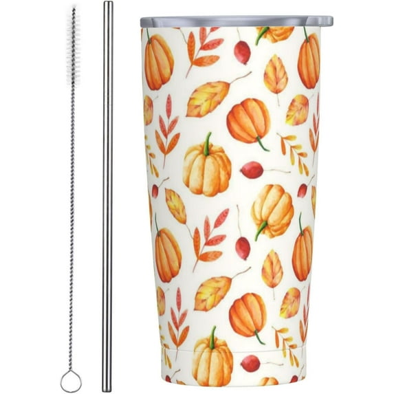 Fall Pumpkin Tumbler with Lid and Straw Orange 20oz Insulated Stainless Steel Cup Autumn Leaves Travel Coffee Mug Water Bottle for Women Gift for Birthday Christmas Thanksgiving