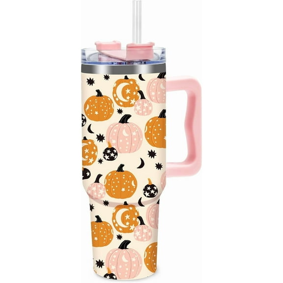 Fall Pumpkin Tumbler with Lid Straw 40 Oz Pink Orange Pumpkin Stainless Steel Cup with Handle Travel Coffee Tumbler for Autumn Thanksgiving