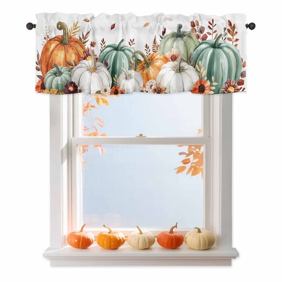 Fall Pumpkin Valances for Windows, 54 x 18in, Brown Sunflower Leaf Watercolor Thanksgiving Rod Pocket Kitchen Valance Curtain Light Filtering Window Treatments for Living Room Bedroom, 1 Panel