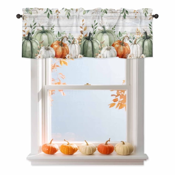 Fall Pumpkin Valances for Windows, 54 x 18in, Eucalyptus Leaves Flower White Wood Grain Rod Pocket Kitchen Valance Curtain Light Filtering Window Treatments for Living Room Bedroom, 1 Panel