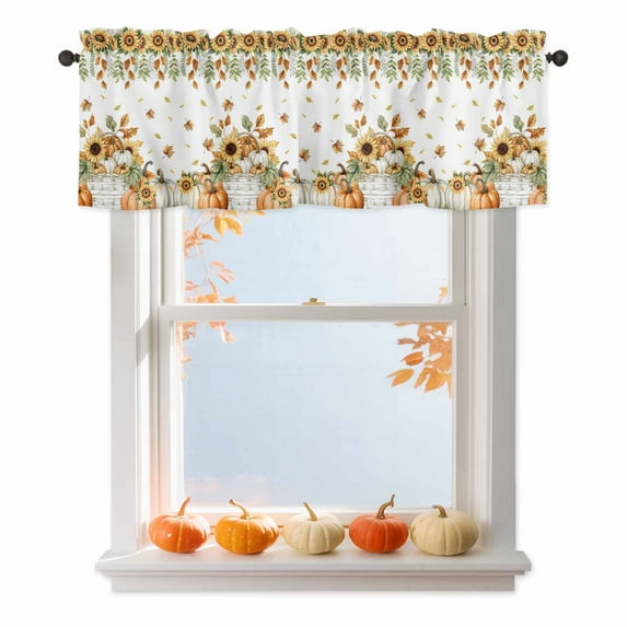 Fall Pumpkin Valances for Windows, 54 x 18in, Sunflower Maple Leaf Deciduous Pastoral Rod Pocket Kitchen Valance Curtain Light Filtering Window Treatments for Living Room Bedroom, 1 Panel