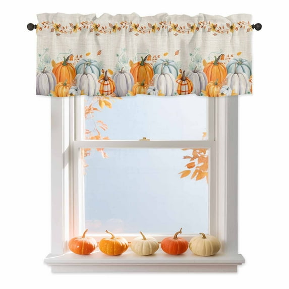 Fall Pumpkin Valances for Windows, 54 x 18in, Thanksgiving Plant Leaf Farmhouse Linen Rod Pocket Kitchen Valance Curtain Light Filtering Window Treatments for Living Room Bedroom, 1 Panel