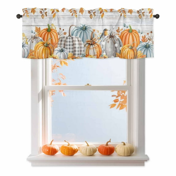 Fall Pumpkin Valances for Windows, 54 x 18in, Thanksgiving Sunflower Maple Leaf Wood Grain Rod Pocket Kitchen Valance Curtain Light Filtering Window Treatments for Living Room Bedroom, 1 Panel