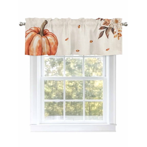 Fall Pumpkin Valances for Windows Autumn Plant Linen Texture Farmhouse Kitchen Valance Curtain Rod Pocket Small Curtains for Cafe Bathroom Laundry Basement 42" x 18"