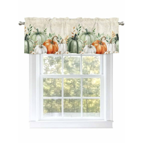 Fall Pumpkin Valances for Windows Eucalyptus Leaves Flower Vintage Letter Rod Pocket Curtains Valance Short Window Treatment Drapes for Living Room, Bedroom Bathroom 60" W x 14" L