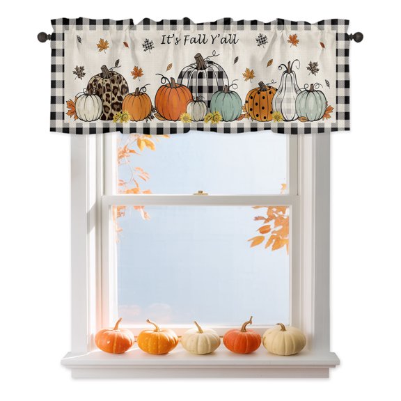 Fall Pumpkin Valances for Windows, It's Fall Y'all Buffalo Plaids Autumn Harvest Rod Pocket Valance Short Window Treatments Curtains for Kitchen Bathroom Bedroom Decor, 60 x 18 Inches