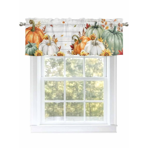 Fall Pumpkin Valances for Windows Sunflower Leaf Wood Grain Thanksgiving Rod Pocket Curtains Valance Short Window Treatment Drapes for Living Room, Bedroom Bathroom 60" W x 18" L