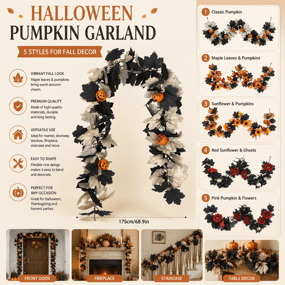 Fall Pumpkin Vine Garland, 68.90 x 3.94 x 3.94 In Plastic Autumn Vine for Home Indoor Outdoor Porch and Halloween Decoration,D