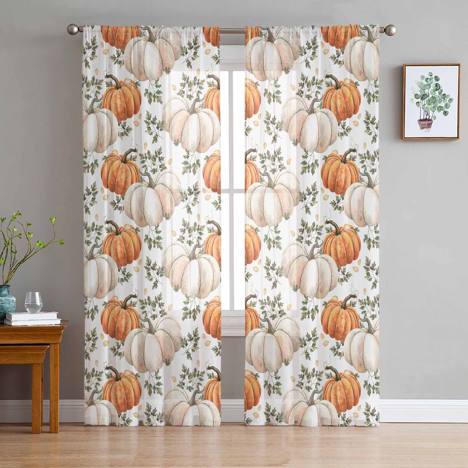 Fall Pumpkin Vines Texture Tulle Curtains for Living Room Bedroom Sheer ...