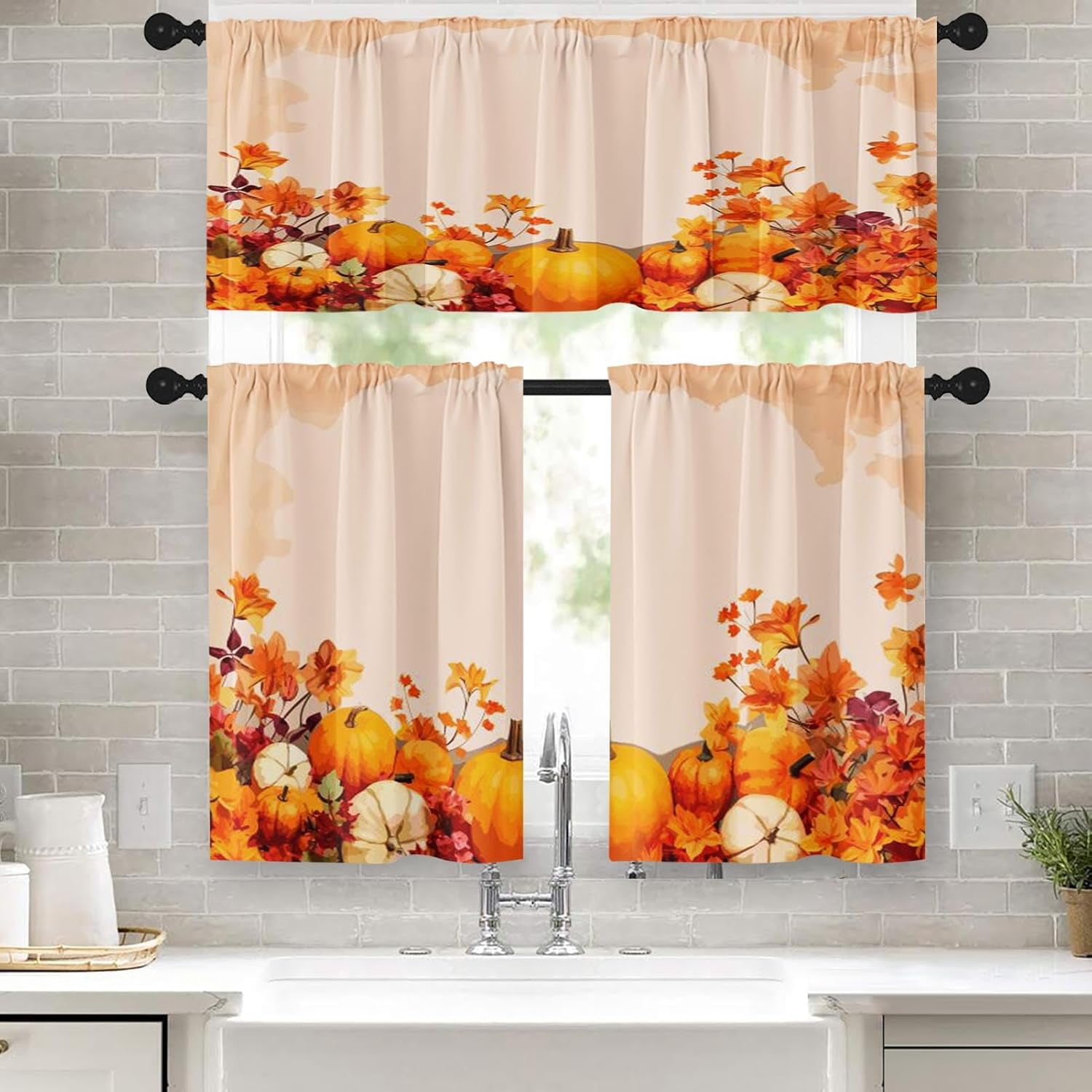 Fall Pumpkin Vintage Kitchen Window Curtains Valance and Tier Set 36 ...