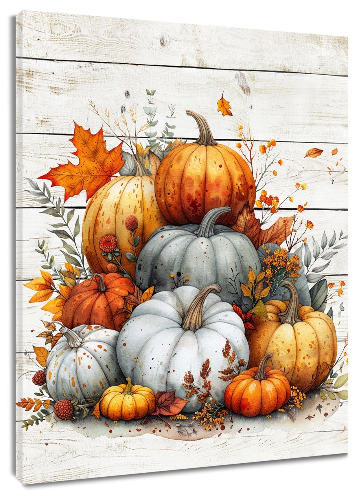 Fall Pumpkin Wall Art, Orange Gray Pumpkin with Fall Leaf Canvas Wall ...