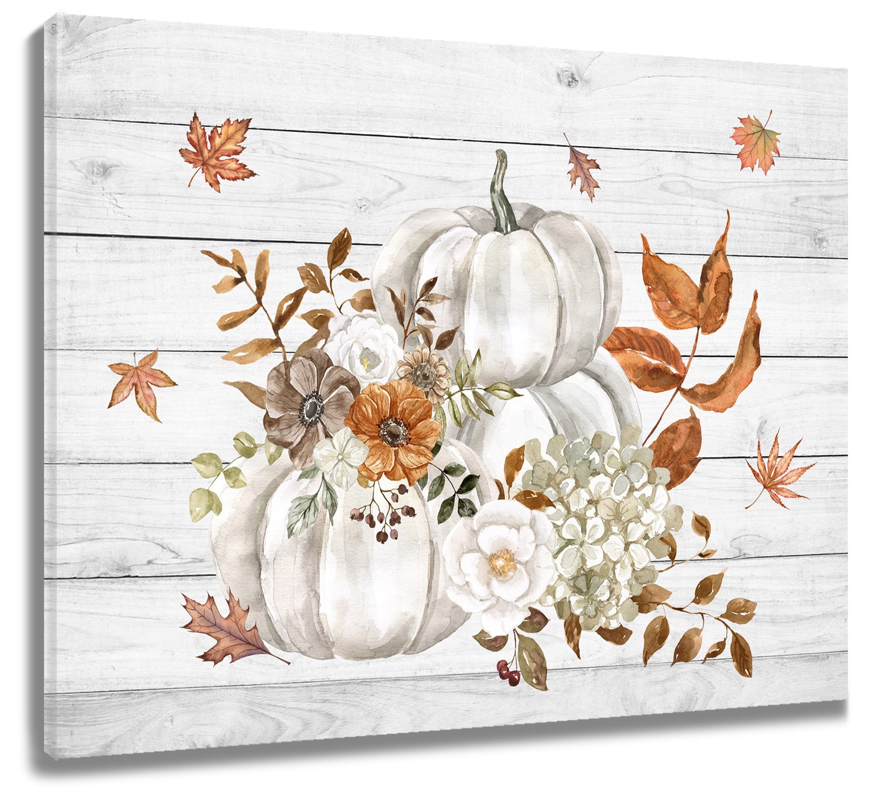 Fall Pumpkin Wall Art Watercolor Pumpkin Floral and Maple Leaves on ...