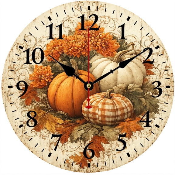 Fall Pumpkin Wall Clock, 9.84 Inch Round Farmhouse Autumn Harvest Decorative Battery Operated Analog Clock for Kitchen, Living Room, Bedroom, Office, Thanksgiving Decor