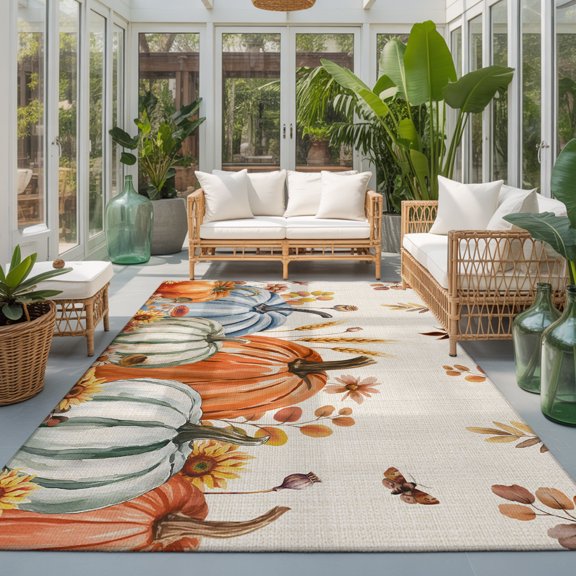 Fall Pumpkin Washable Living Room Rugs 9'x12', Orange Leaves Thanksgiving Harvest Washable Throw Large Area Rug Non-Slip Sturdy Edge Binding Carpet for Bedroom Dining Room Office