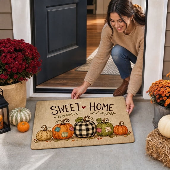 Fall Pumpkin Welcome Door Mat, Autumn Thanksgiving Welcome Front Door Mat Indoor Outdoor Entrance, Fall Pumpkin Artificial Doormats Rugs for Porch Entryway Decor 23.6x15.7in