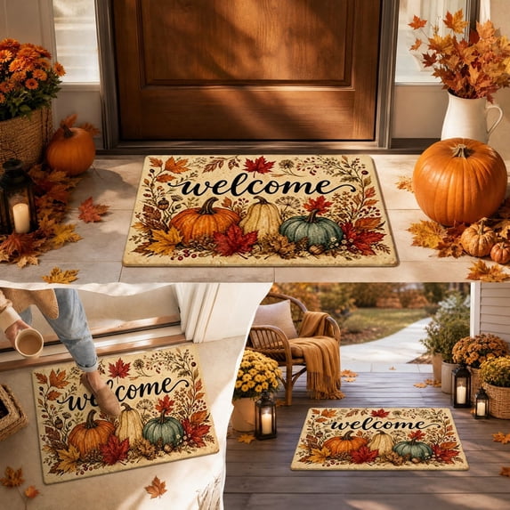 Fall Pumpkin Welcome Door Mat, Autumn Thanksgiving Welcome Front Door Mat Indoor Outdoor Entrance, Fall Pumpkin Artificial Doormats Rugs for Porch Entryway Decor 23.6x15.7in