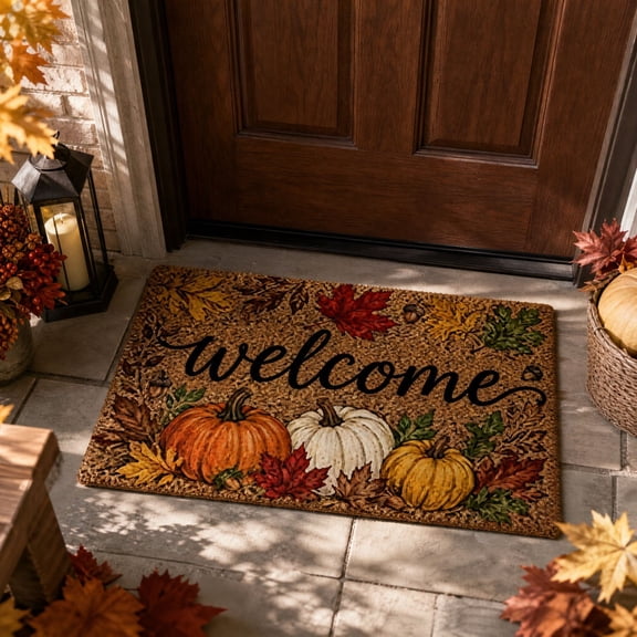 Fall Pumpkin Welcome Door Mat, Autumn Thanksgiving Welcome Front Door Mat Indoor Outdoor Entrance, Fall Pumpkin Sunflower Artificial Coir Doormats Rugs for Porch Entryway Decor