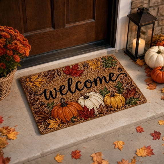 Fall Pumpkin Welcome Door Mat, Seasonal Non-Slip Rubber Backed Entryway Rugs for Indoor Outdoor Entrance Floor 16 x 24 Inch