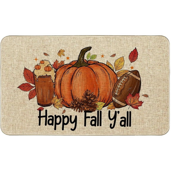 Fall Pumpkin Welcome Doormat Happy Fall Y''all Door Mats 17 x 29 Inch, Autumn Seasonal Non-Slip Entrance Mat Low Profile Front Doormats Kitchen Floor Rug Decor for Indoor Outdoor