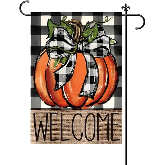 Fall Pumpkin Welcome Fall Garden Flag for Outside 12x18 Inch Autumn Garden Flags Double Sided Thanksgiving Harvest Buffalo Plaid Burlap Yard Flag for Outdoor Decoration Holiday Festivities