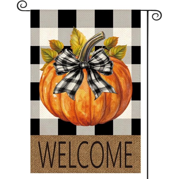 Fall Pumpkin Welcome Garden Flag 12x18 Inch Double Sided, Autumn Thanksgiving Holiday Harvest Buffalo Plaid Yard Outdoor Decoration