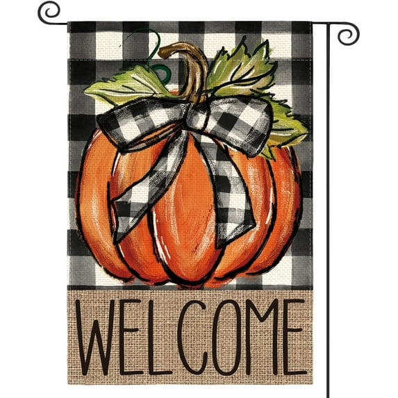 Fall Pumpkin Welcome Garden Flag Double Sided, Autumn Thanksgiving Holiday Harvest Buffalo Plaid Yard Outdoor Decoration 12x18 Inch