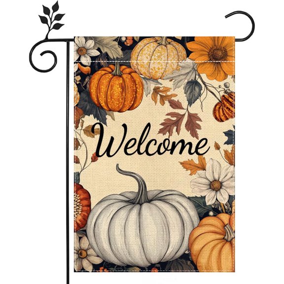 Fall Pumpkin Welcome Garden Flag Double Sided Burlap 12x18 Inch Autumn Thanksgiving Leaves Flowers Rustic Outdoor Yard Flag Home Decoration