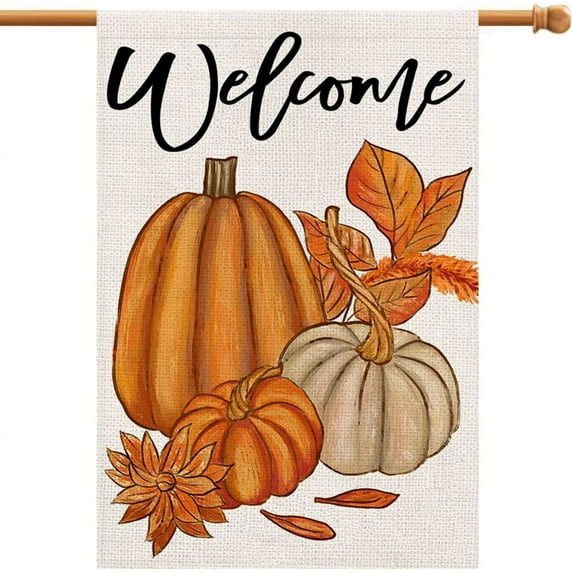 Fall Pumpkin Welcome House Flag 28x40 Inch Burlap Double Sided, Autumn Thanksgiving Yard Outside Decoration DF095-28