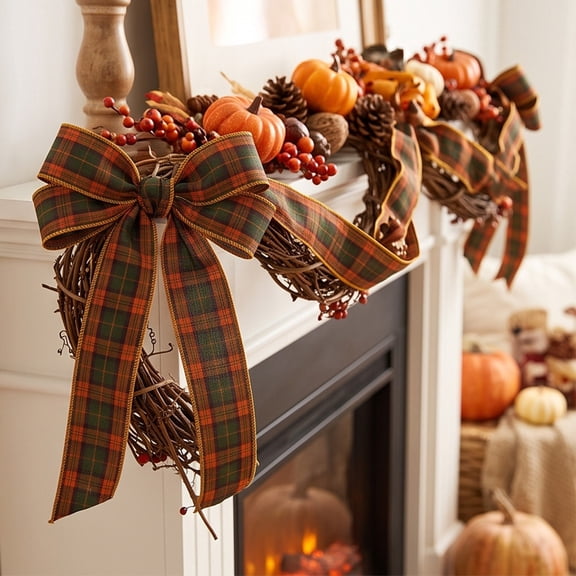 Fall Pumpkin Wired Ribbon, Wired-Edge Seasonal Bow Material, Flexible Crafting Length Harvest Craft Ribbon, Harvest Craft Ribbon for Wreaths, Gift Wrap, Table Decor and Seasonal Crafts, Orange