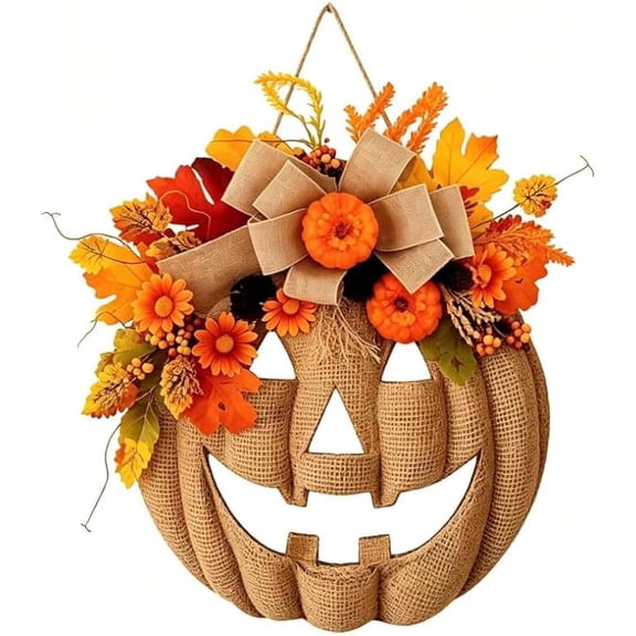Fall Pumpkin Wreath for Front Door, Burlap Jack-O-Lantern Halloween Door Hanger Sign with Maple Leaves, Bow and Berries, Rustic Autumn Thanksgiving Decoration,Unlit