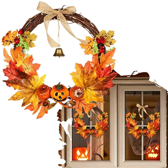 Fall Pumpkin Wreath for Front Door, Rustic Artificial Autumn Wreath with Burlap Bow Jingle Bell, Indoor Outdoor Thanksgiving Halloween Decor for Porch Wall Window and Farmhouse Entryway, By Cosmug