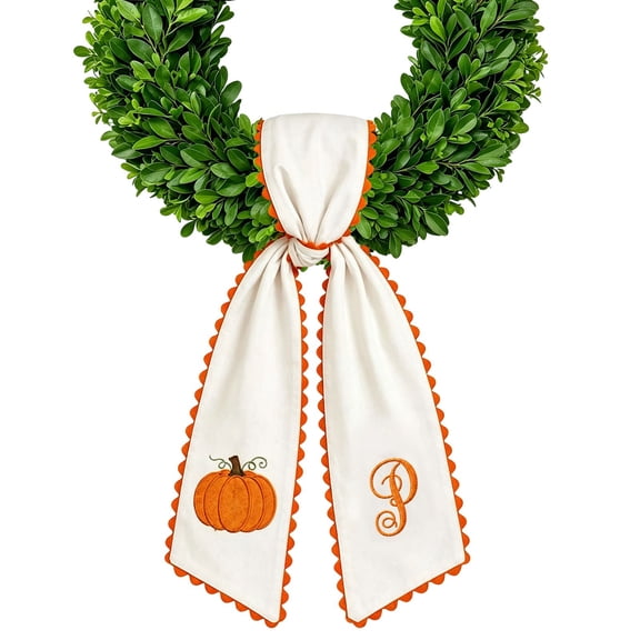 Fall Pumpkin Wreath Sash Embroidered Fabric Monogram Scalloped Trim Farmhouse Seasonal Decor