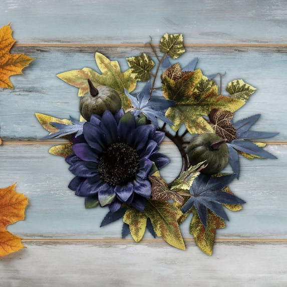Fall Pumpkin and Sunflower Candle Rings Wreaths 10 Inch Center Small Wreaths for Pillar Candles Autumn Harvest Festival Tabletop Decor