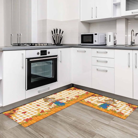 Fall Pumpkins 2 Pieces Non-Slip Kitchen Mat Set Straw Man Thanksgiving Leaves Orange Check Soft Door Mat with Rubber Backing,Dirtproof Rugs for Entrance Doorway 23.6x35.4in+23.6x70.9in