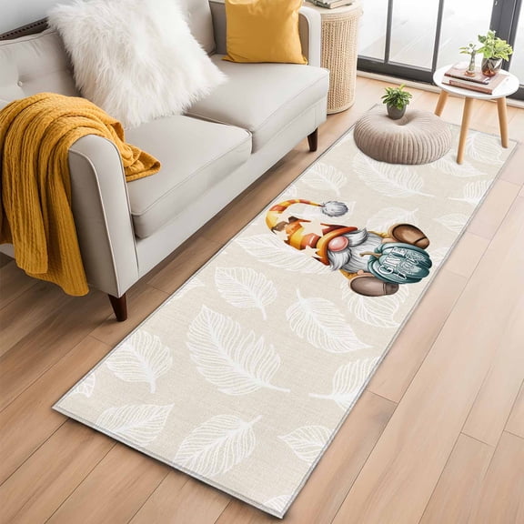 Fall Pumpkins 2'x6' Runner Rugs for Hallway Kitchen Bedside Non Slip Washable, Thanksgiving Gnomes Maple Leaf on Linen Entryway Rug Runners with Rubber Backing, Long Carpet Runner for Laundry Room