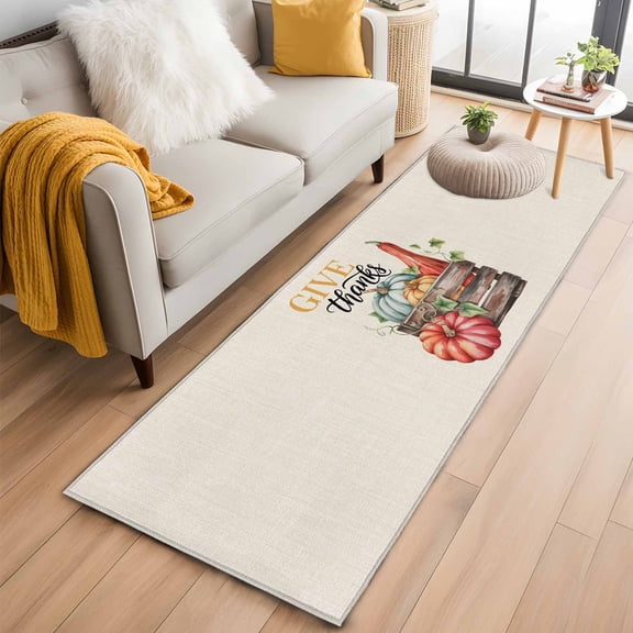Fall Pumpkins 2'x6' Runner Rugs for Hallway Kitchen Bedside Non Slip Washable, Thanksgiving Watercolor Leaf on Linen Entryway Rug Runners with Rubber Backing, Long Carpet Runner for Laundry Room
