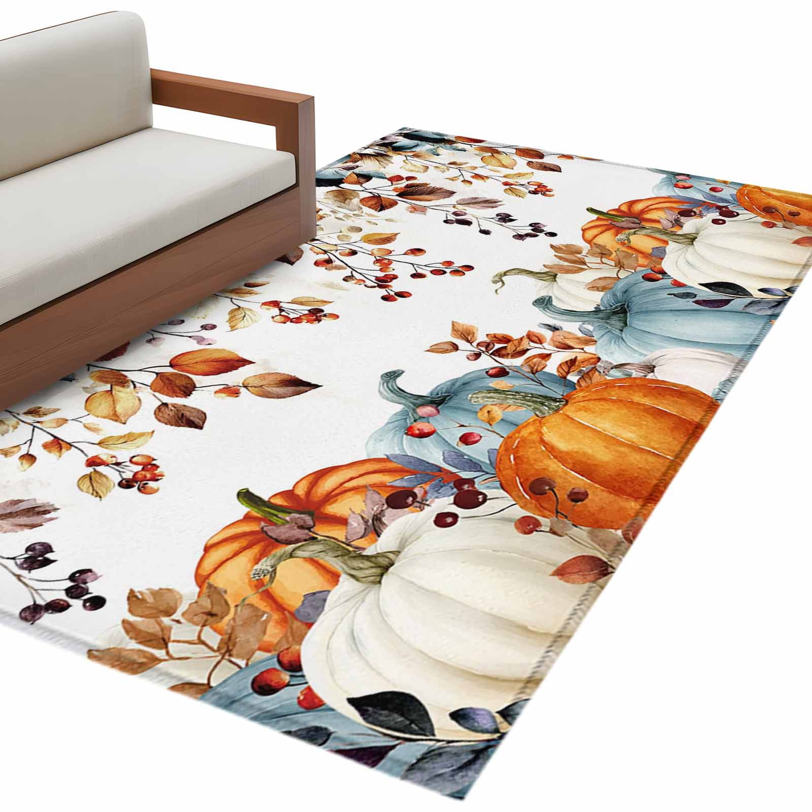 Fall Pumpkins 3'x5' Washable Rug, Botanical Thanksgiving Orange Blue ...