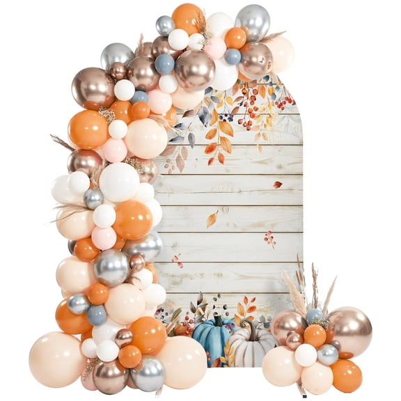 Fall Pumpkins Arch Backdrop Covers 6.6 FT, Thanksgiving Orange Eucalyptus Leaves Watercolor Wood Stretchy Fitted Arched Stand Covers Party Arch Stand Cover Photo Booth for Wedding Birthday Decor