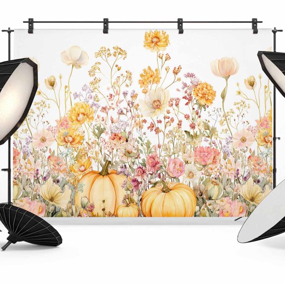 Fall Pumpkins Backdrop for Photography,Fabric Photo Background Backdrop,Botanical Floral Autumn Thanksgiving Photo Booth Background for Portrait Photoshoot Video Wedding Studio Decor Banner 7x5ft