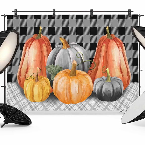 Fall Pumpkins,Backdrop for Photoshoot,Photography Photo Studio Background Wall Backdrop,Thanksgiving Autumn Grey Plaid Lattice Back Drop Banner Panel for Portraits Wedding Party Live Streaming 7x5Ft