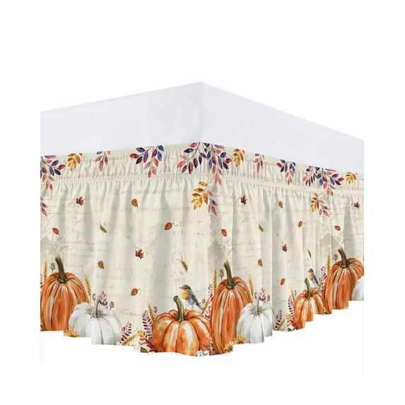 Fall Pumpkins Bed Skirt Queen Size 16 Inch Drop, Thanksgiving Autumn Leaves Farmhouse Beige Wrap Around Dust Ruffle Bedskirts, Wrinkle & Fade Resistant Easy Fit Bedskirt with Adjustable Elastic